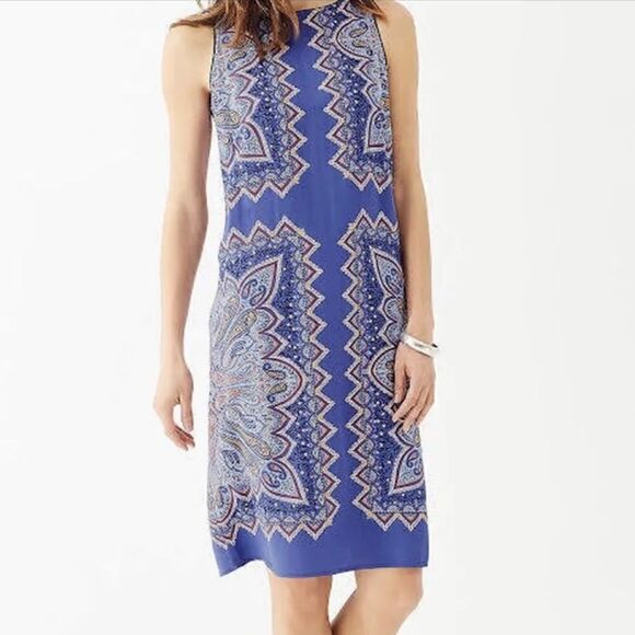 J. Jill Orange majestic blue Paisley rayon Shift Dress small petite Sleeveless - Picture 3 of 14